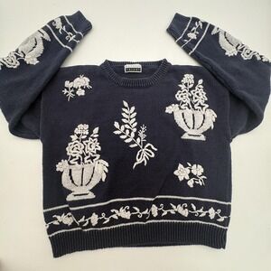 Vintage Express Sweater Womens M Blue Floral Vase Knit Crewneck Pullover